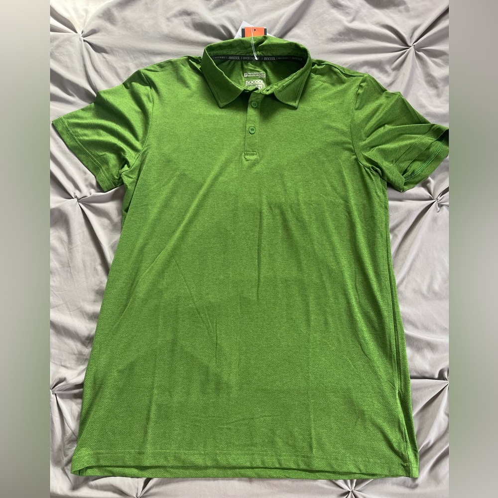Large, men’s green polo.